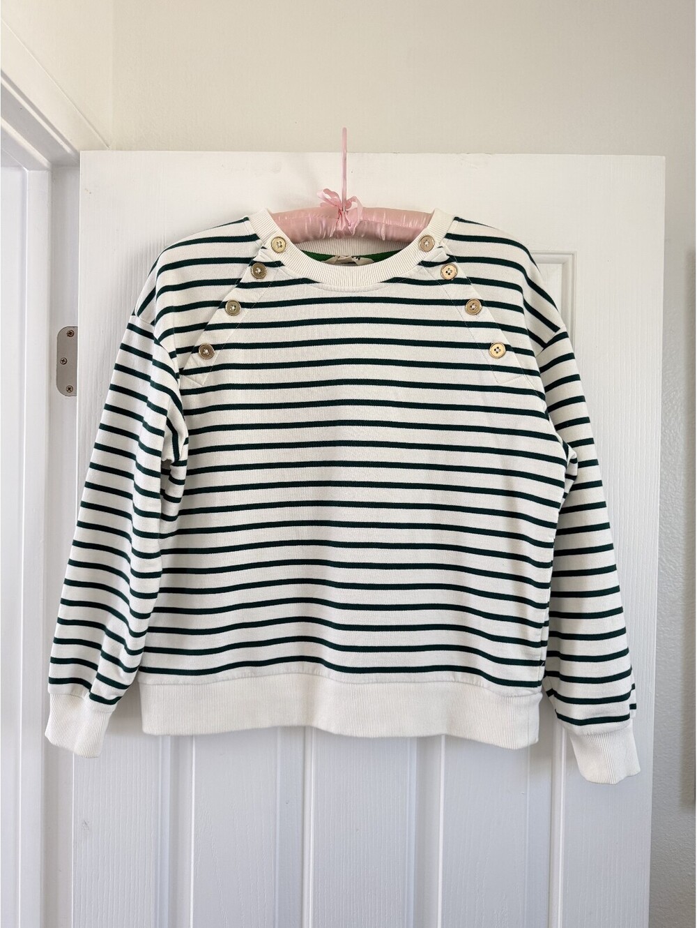 NWOT Boden Green & White Striped Button Shoulder Sweatshirt Size M - Picture 6 of 12